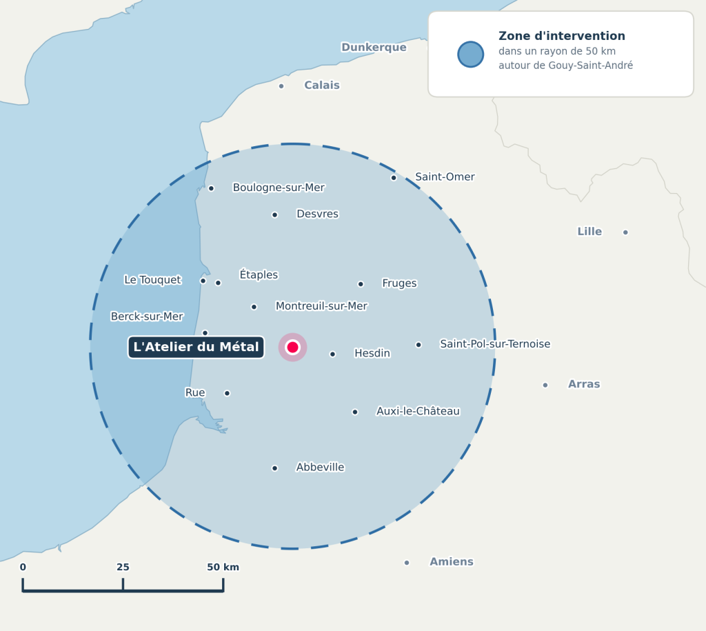 Carte de la zone d'intervention de L'Atelier du Métal, 50 km autour de Gouy-Saint-André